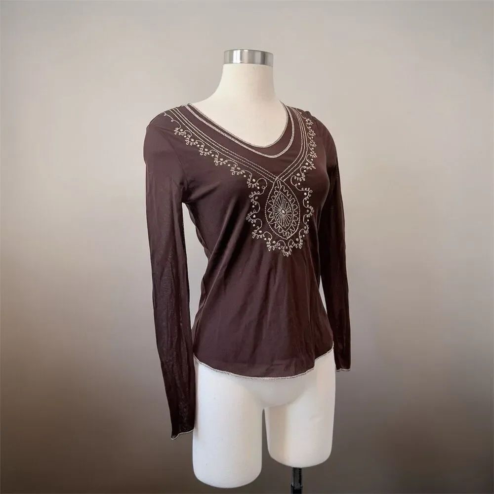 Tribal Y2K BrownāLettuce Flare Angel Bell Embroidered V-Neck Long Sleeve Top Sm